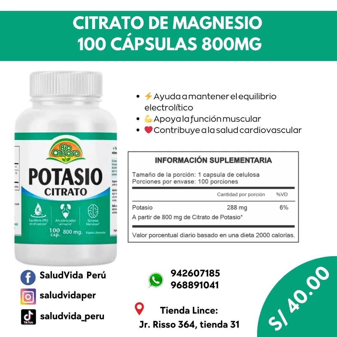 CITRATO DE POTASIO 800MG. 100 CÁPSULAS | Hidratación, Presión arterial, Calambres, Cálculos renales.