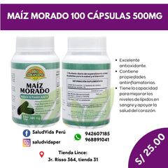 MAÍZ MORADO 100 CÁPSULAS 500MG | Presión arterial, Presión sanguínea, Colesterol, Sistema inmunológico.