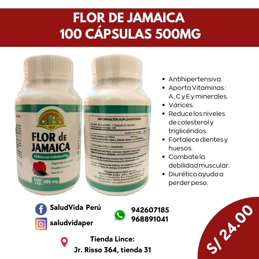 FLOR DE JAMAICA 100 CÁPSULAS 500MG | Várices, Colesterol, Triglicéridos, Diurético. - Salud Vida Peru