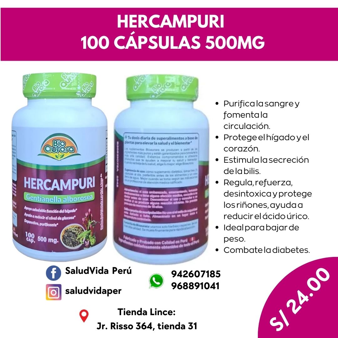 HERCAMPURI 100 CÁPSULAS 500MG | Hígado, Indigestión, Acidez estomacal, Pérdida de peso. - Salud Vida Peru
