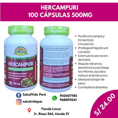 HERCAMPURI 100 CÁPSULAS 500MG | Hígado, Indigestión, Acidez estomacal, Pérdida de peso. - Salud Vida Peru