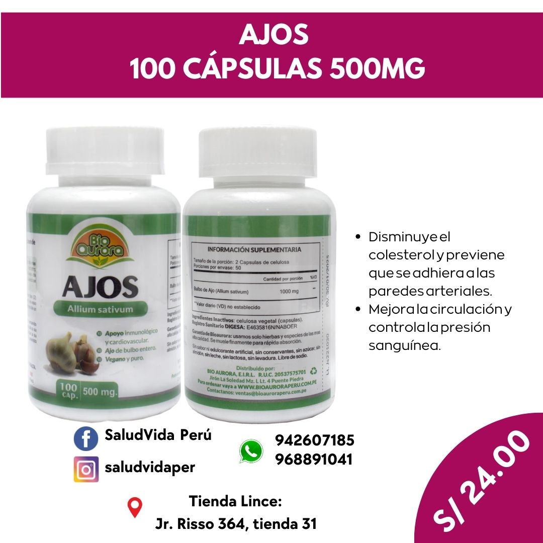 AJOS 100 CÁPSULAS 500MG | Colesterol, Presión sanguínea, Antibiótico natural. - Salud Vida Peru