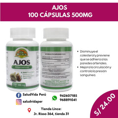 AJOS 100 CÁPSULAS 500MG | Colesterol, Presión sanguínea, Antibiótico natural. - Salud Vida Peru