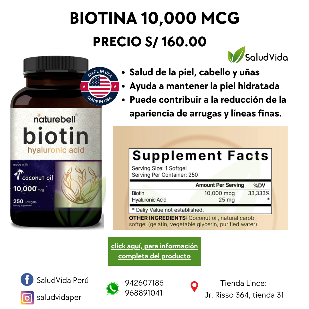 Biotina con ácido hialurónico 10,000 mcg | 250 cápsulas blandas