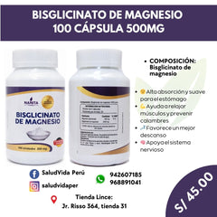 BISGLICINATO DE MAGNESIO 500MG 100 Cáp.| Sueño, Estrés, Ansiedad, Función muscular y nerviosa. - Salud Vida Peru
