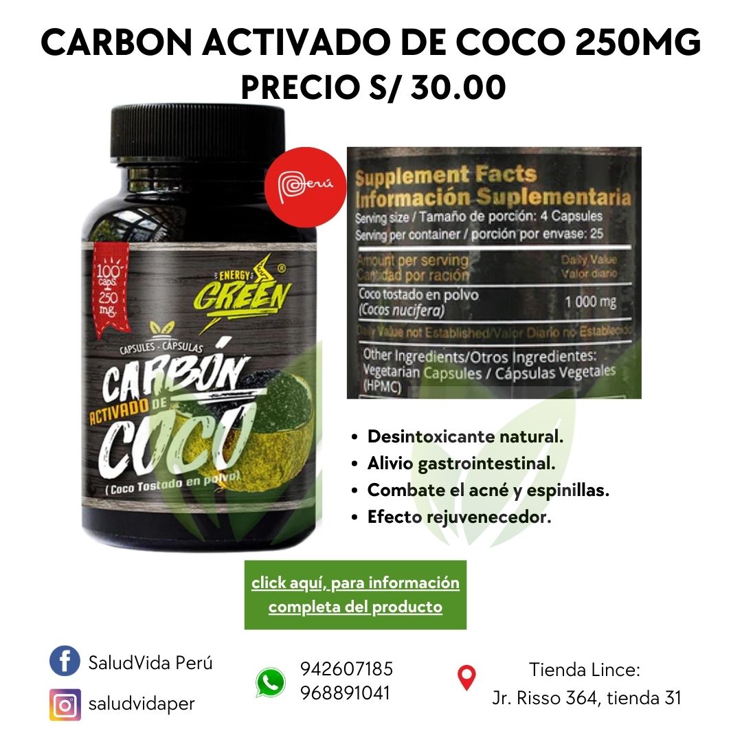 Carbón activado de coco 250 mg | 100 cápsulas vencimiento 05-2024