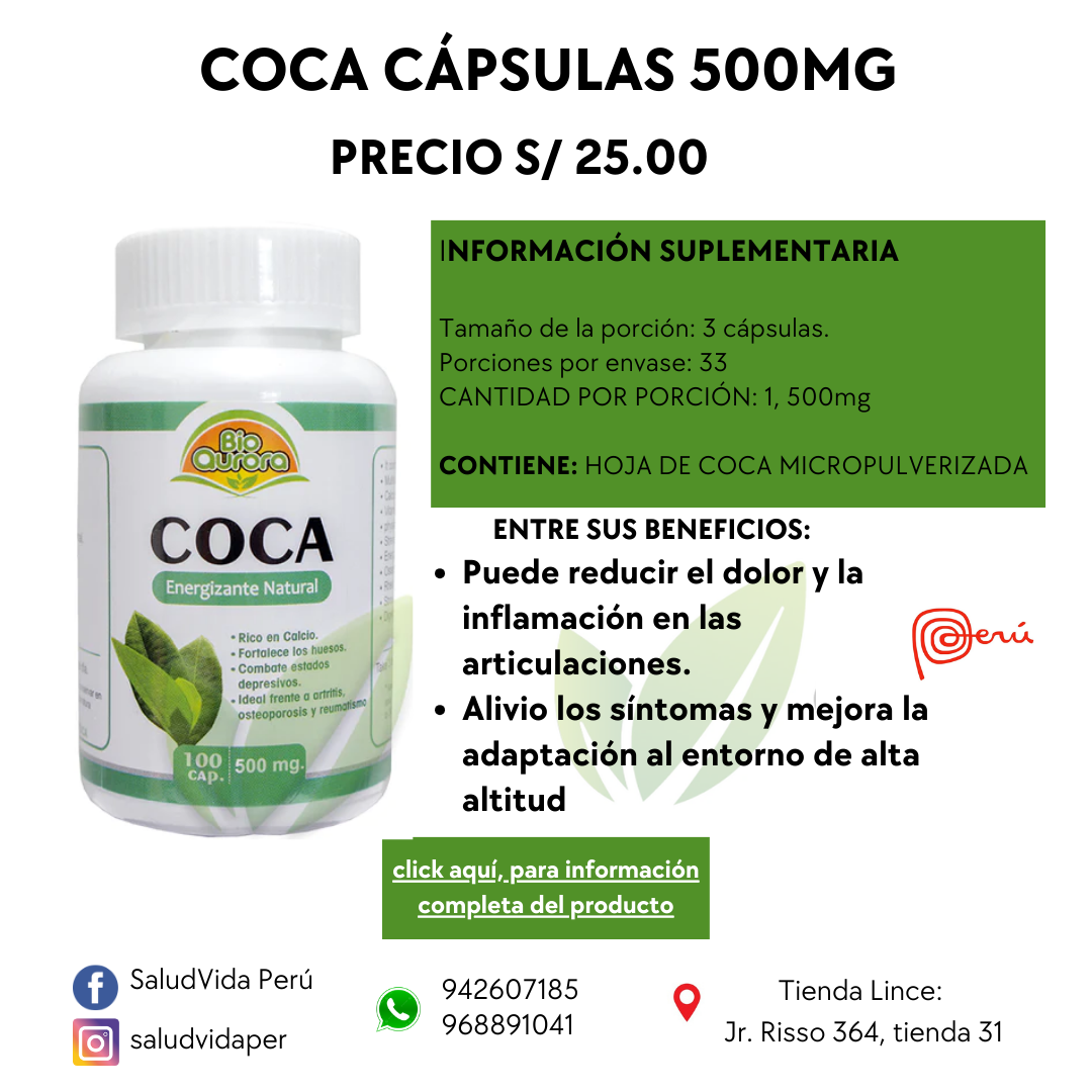 Coca hojas 500mg.  100 cápsulas - Energizante