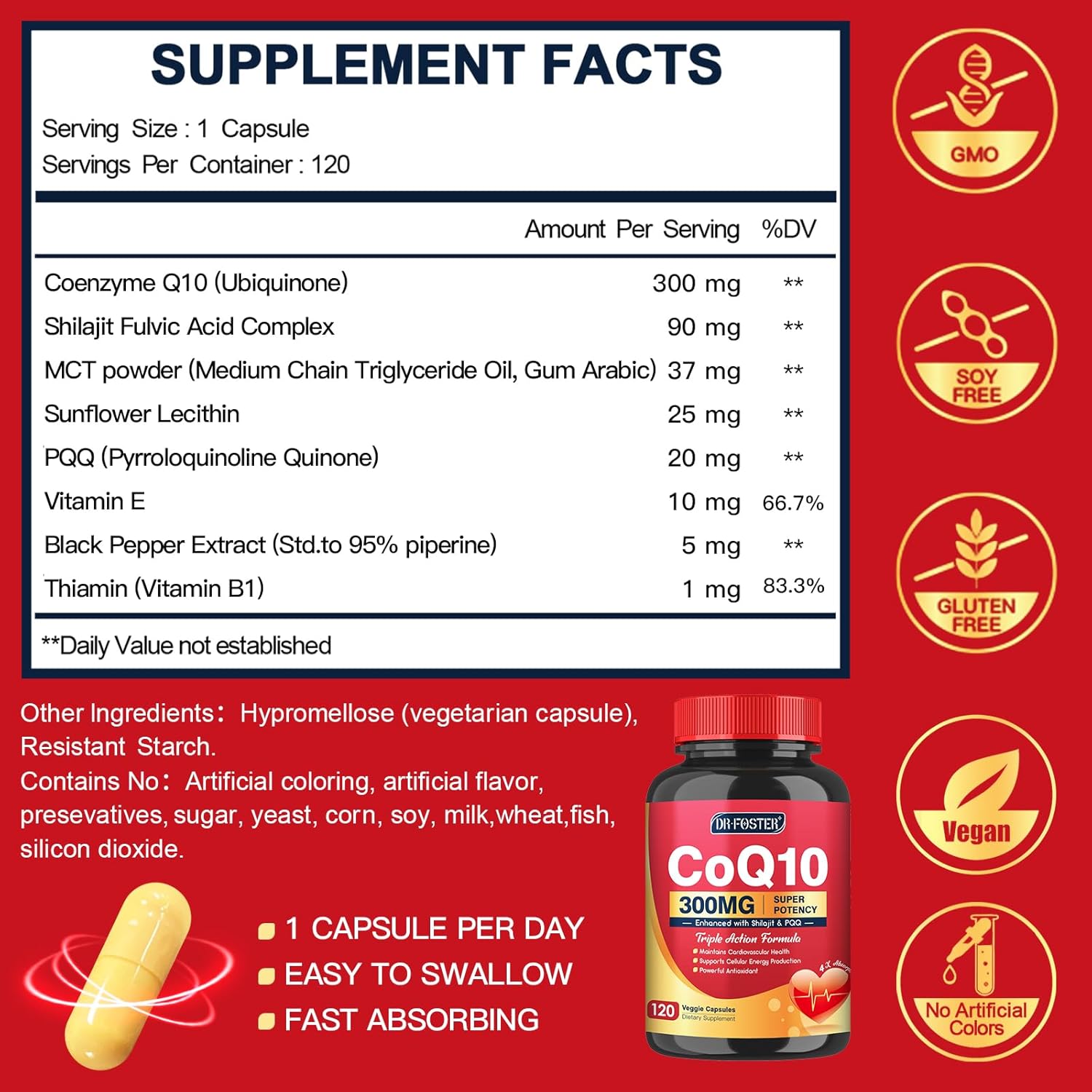 COQ-10 300MG. 120 CÁPSULAS | Presión arterial alta , Rendimiento físico, Antioxidante.