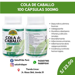 COLA DE CABALLO 100 CÁPSULAS 500MG  | Infecciones urinarias, Huesos, Diurético, Cabello, Uñas, Piel. - Salud Vida Peru