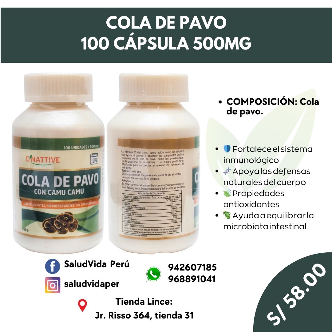 Cola de Pavo 500 mg  100 cápsulas -Inmunológico, Anticancerígeno, Antiinflamatorio