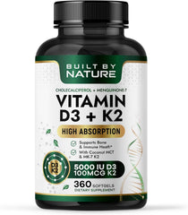 VITAMINA D3 (5000 IU) + K2 (100 MCG) 300 SOFTGELS | Huesos, Infecciones, Presión arterial, Estado de ánimo, Diabetes.