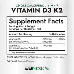 VITAMINA D3 (5000 IU) + K2 (100 MCG) 300 SOFTGELS | Huesos, Infecciones, Presión arterial, Estado de ánimo, Diabetes.