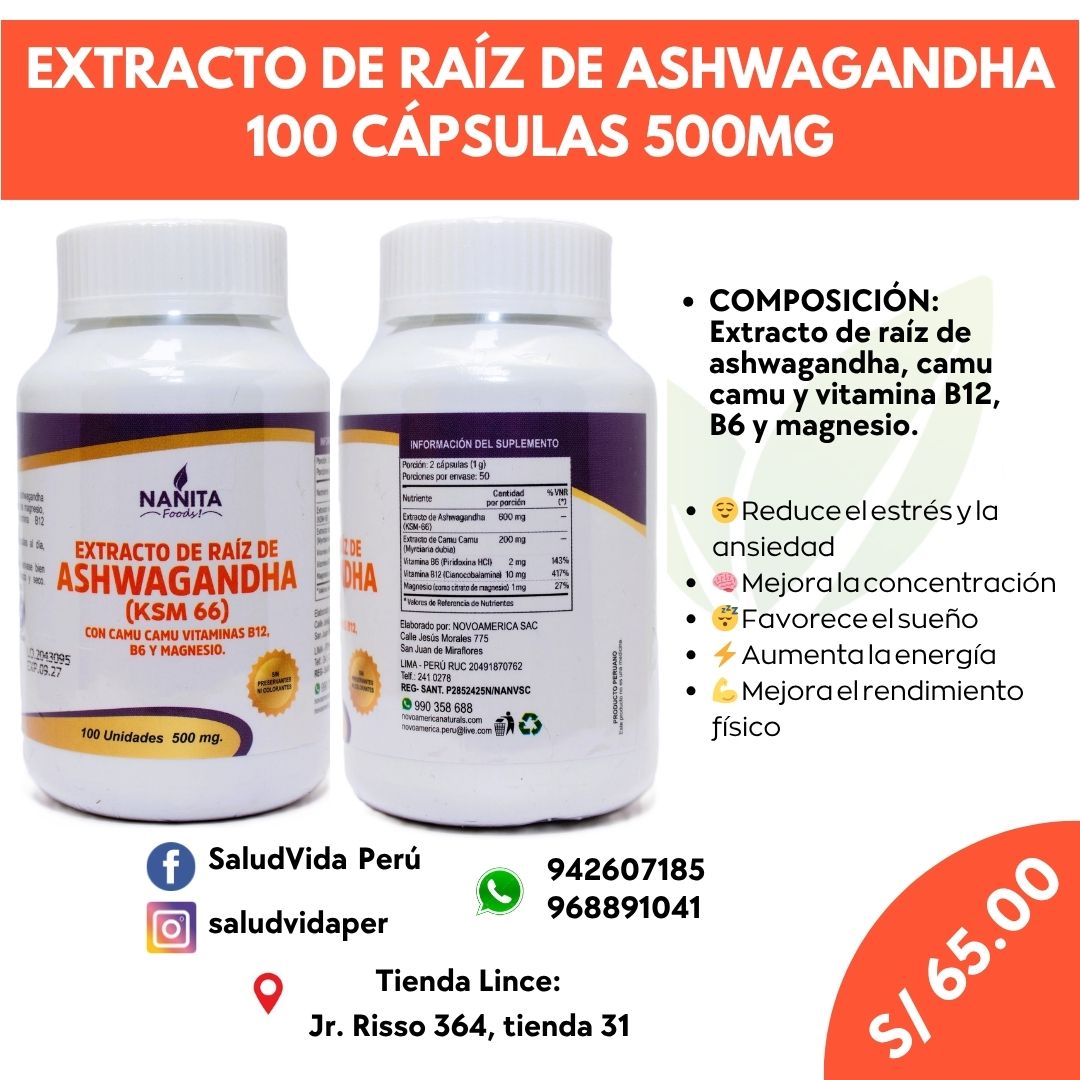 ASHWAGANDHA (KSM 66) 500mg. 100 cápsulas | Estrés, Ansiedad, Estado de ánimo, Antioxidante.