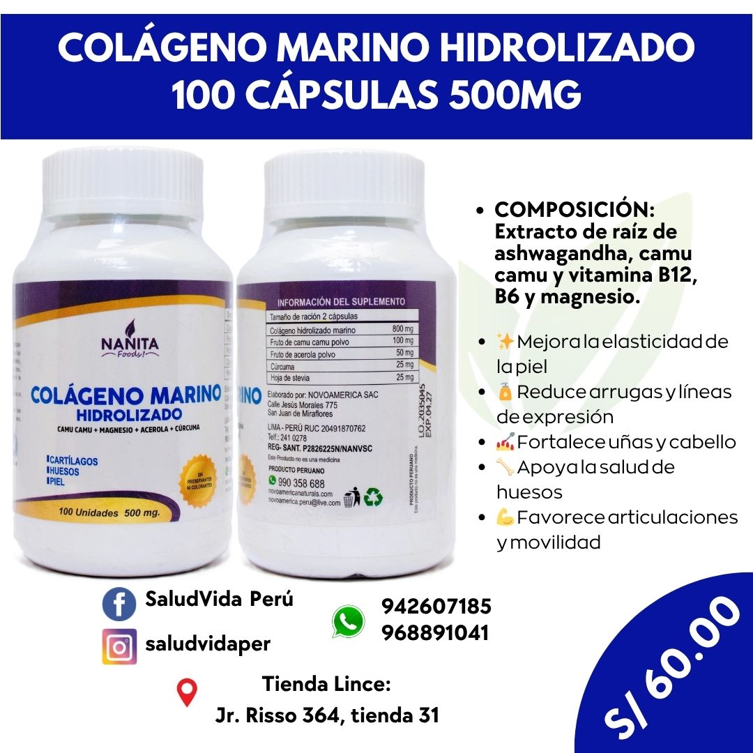 Colágeno Marino Hidrolizado 500mg. 100 cápsulas | Artrosis, Artritis, Piel, Cicatrizaciones, Piel, Uñas, Cabello.