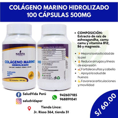 Colágeno Marino Hidrolizado 500mg. 100 cápsulas | Artrosis, Artritis, Piel, Cicatrizaciones, Piel, Uñas, Cabello.