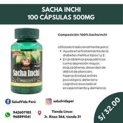 SACHA INCHI 100 CÁPSULAS 500MG | Función cerebral, Regulación hormonal, Antiinflamatorio.