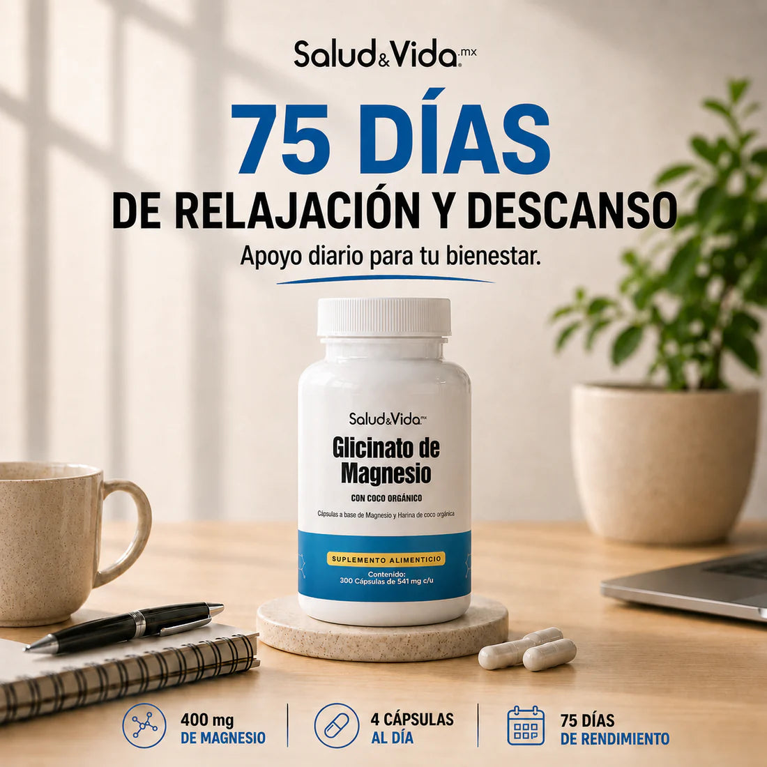 Glicinato de Magnesio 2440mg 300 Cápsulas