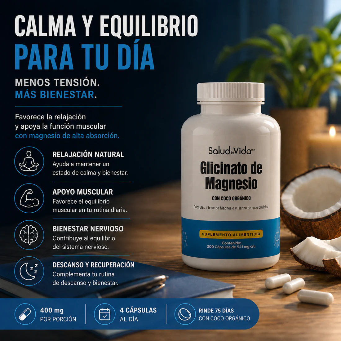 Glicinato de Magnesio 2440mg 300 Cápsulas
