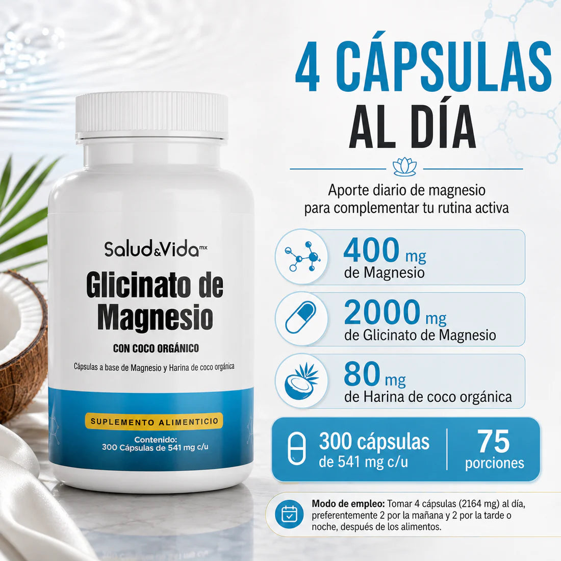 Glicinato de Magnesio 2440mg 300 Cápsulas