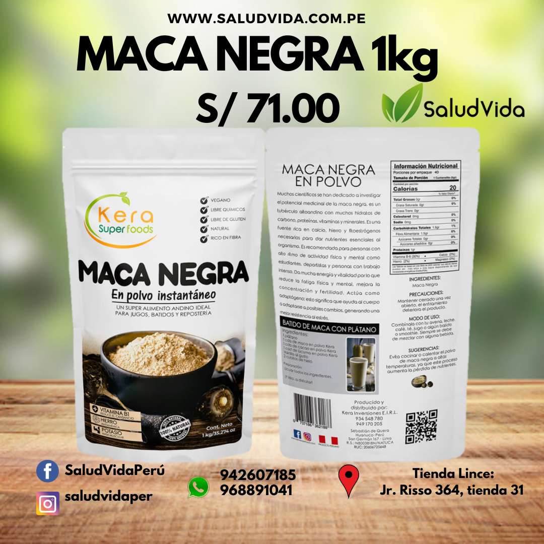 MACA NEGRA EN POLVO INSTANTÁNEA 1KG | Nutriente, Energizante, Función sexual, Fertilidad , Estrés, Antioxidante.
