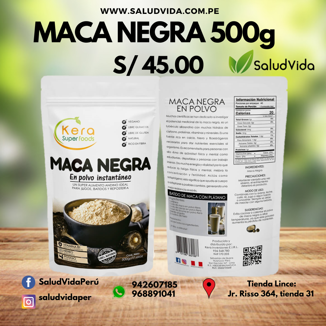 MACA NEGRA EN POLVO INSTANTÁNEO 500GR | Nutriente, Energizante, Función sexual, Fertilidad , Estrés, Antioxidante. - Salud Vida Peru