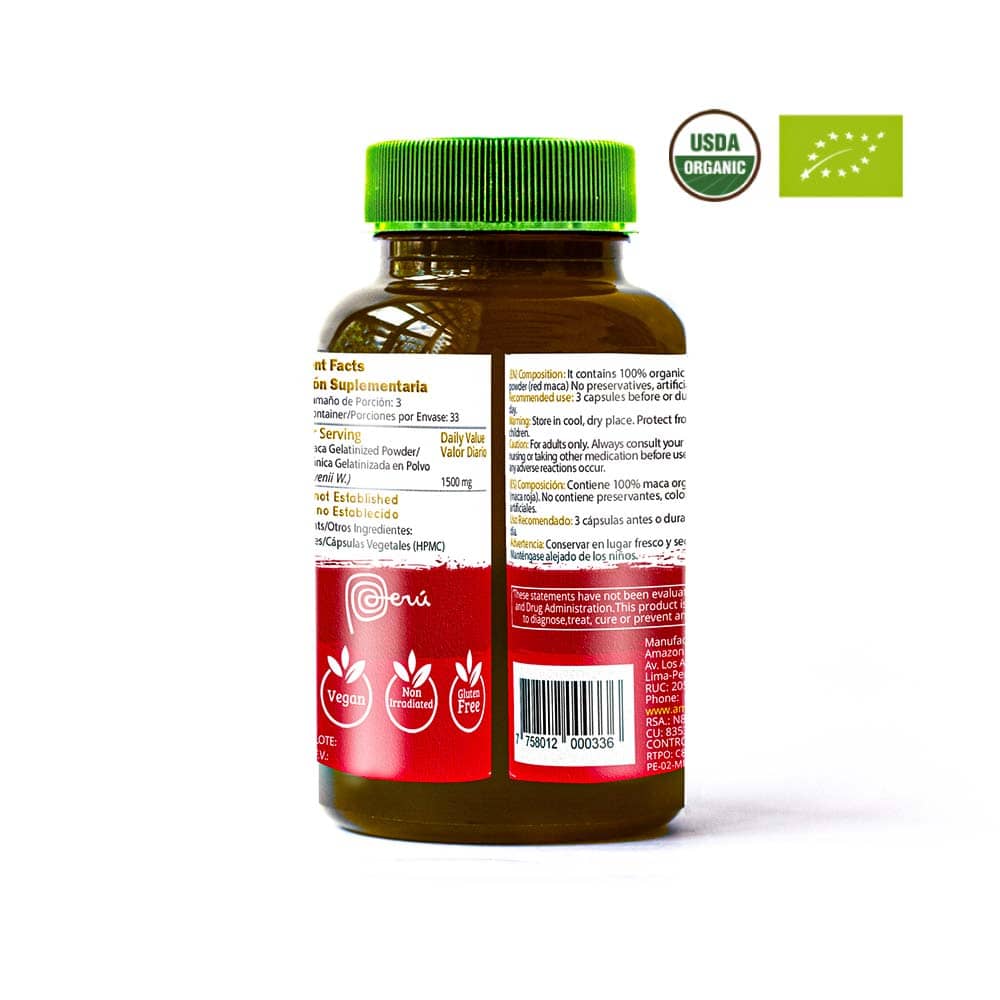 Maca roja orgánica 500 mg  100 cápsulas veg. c/u)