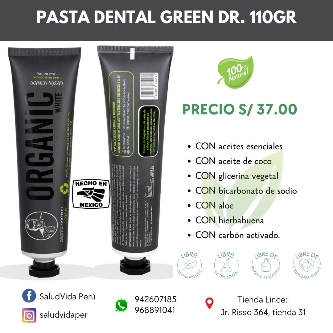 Pasta Dental Natural de Carbón Activado 110g.  Sin Flúor Green Doctor