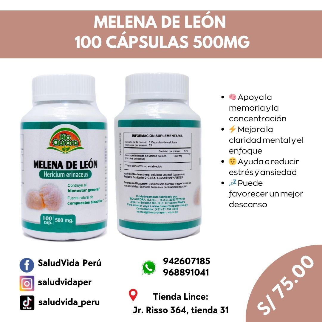 MELENA DE LEÓN 100 CÁPSULAS 500MG B.A. | Estado de ánimo, Estimulación neurológica, Estómago, Antioxidante.