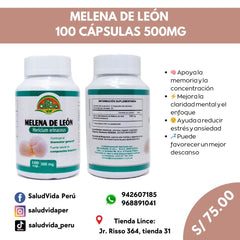 MELENA DE LEÓN 100 CÁPSULAS 500MG B.A. | Estado de ánimo, Estimulación neurológica, Estómago, Antioxidante.