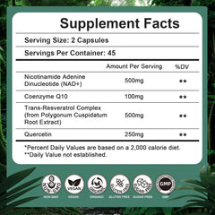 NAD Supplement 500mg, Pure Organic NAD+ Supplement for Women & Men, NAD+ with Trans-Resveratrol