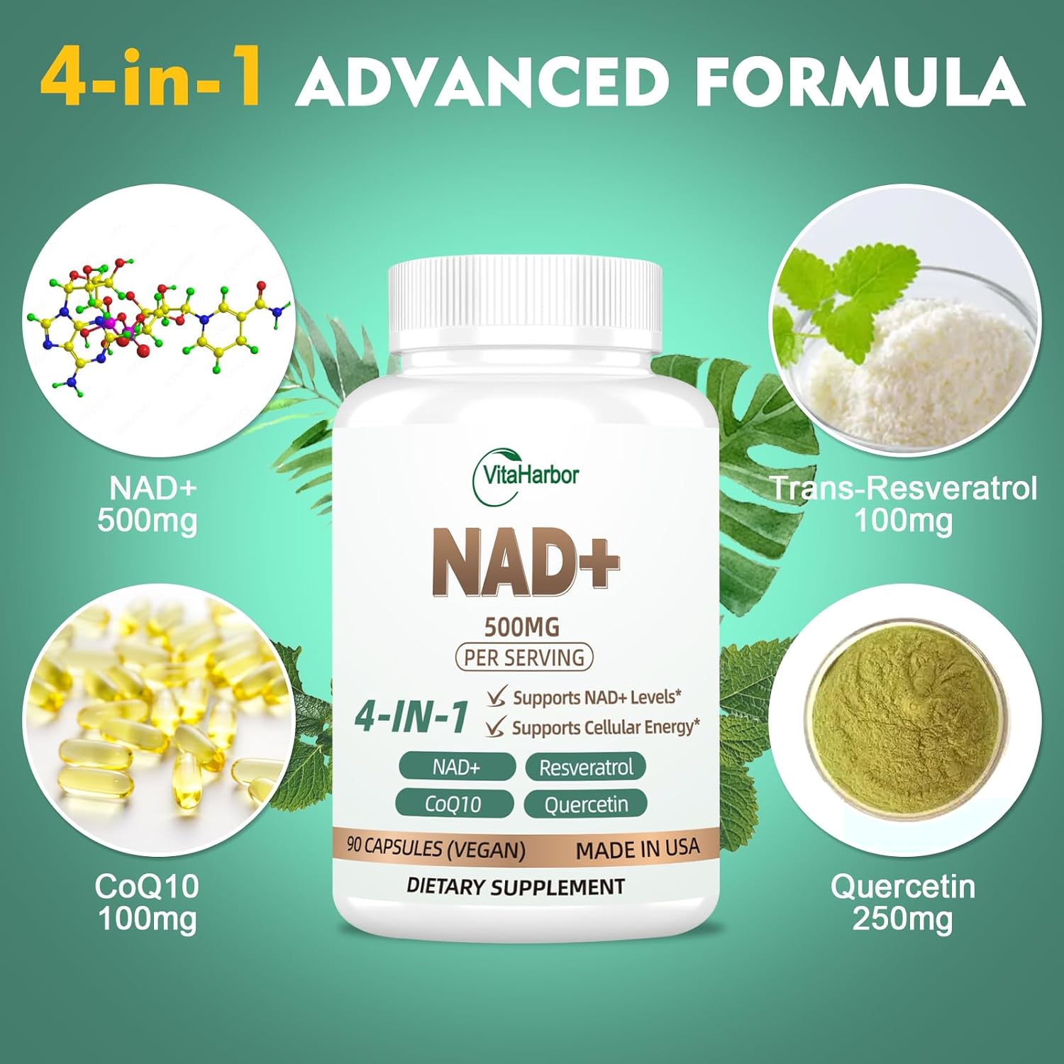 NAD Supplement 500mg, Pure Organic NAD+ Supplement for Women & Men, NAD+ with Trans-Resveratrol