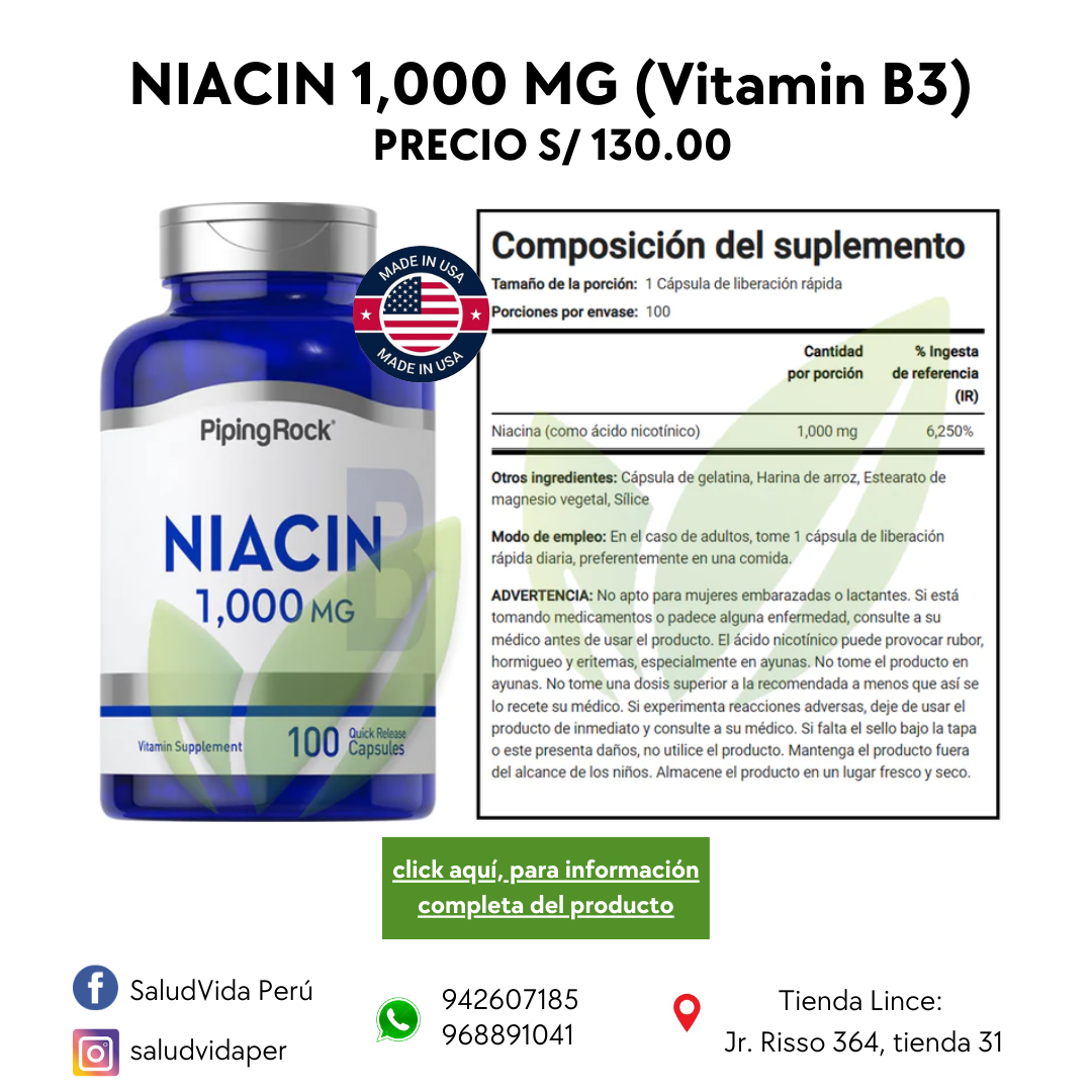 Niacina (produce enrojecimiento) 1000 mg | 100 cápsulas