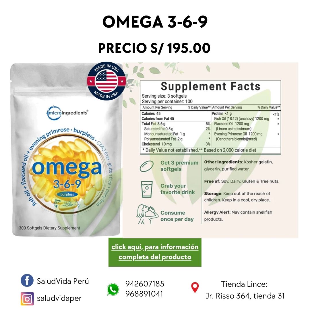 Omega 3-6-9 triple fuerza (aceite de pescado, onagra y linaza) 3600mg p/s | 300 cápsulas blandas