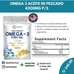 OMEGA-3 (1,200MG EPA + 900MG DHA) 4200MG P/S 240 CÁPSULAS | Cerebro, Antiinflamatorio, Depresión, Vista, Diabetes.