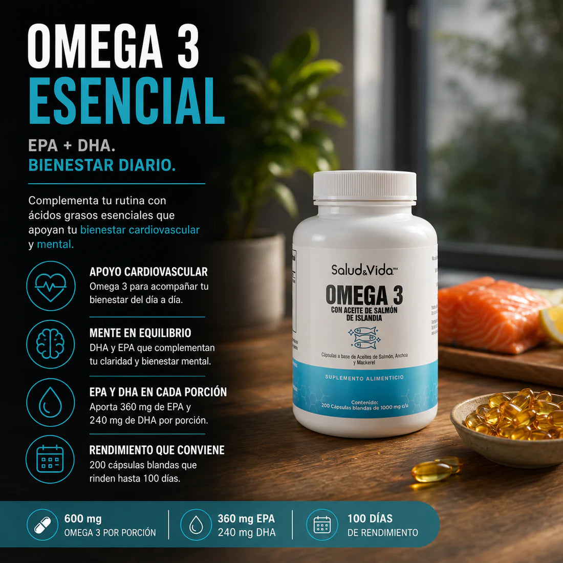 Omega 3 con Aceite de Salmon de Islandia 1000 mg 200 Cápsulas