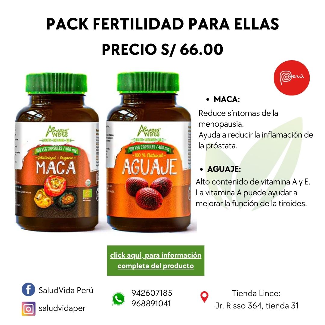 Pack Fertilidad para ellas (Cápsulas de maca 500mg 100cap y aguaje 400mg 100cap)