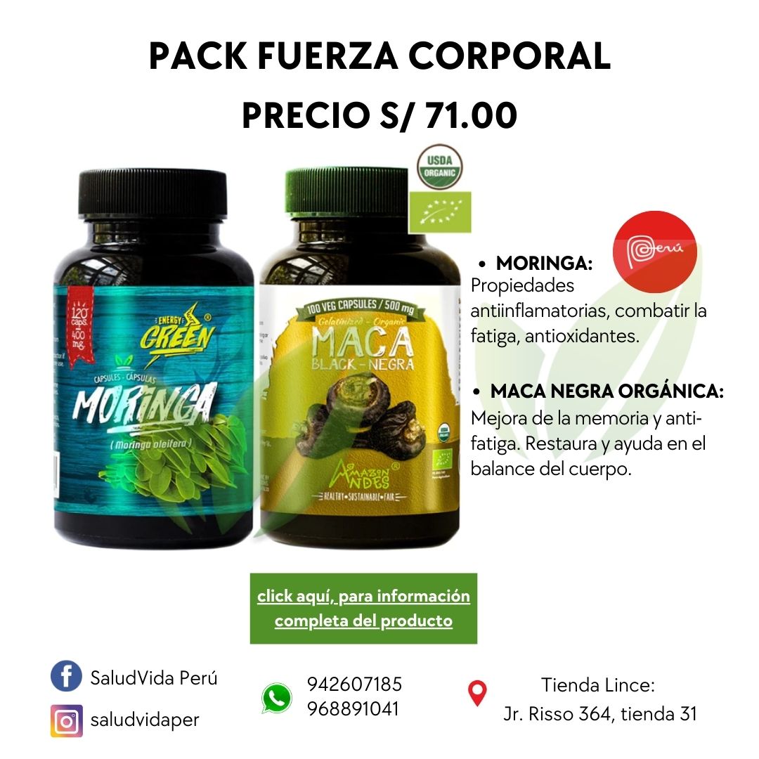 Pack Fuerza Corporal: Moringa (400 mg x 120 caps) + Maca Negra Orgánica (500 mg x 100 caps)