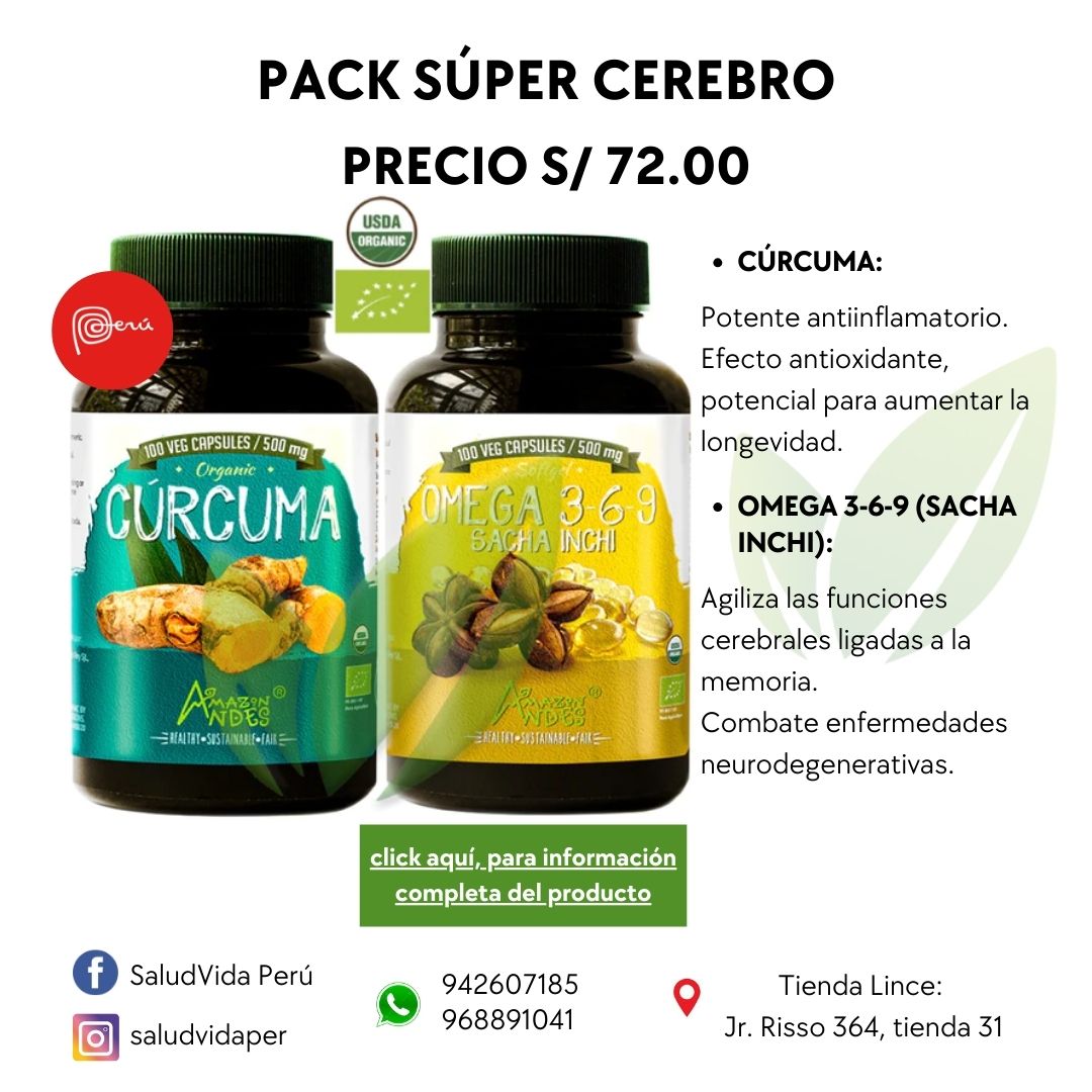 Pack Súper Cerebro: Omega 3-6-9 Sacha Inchi Orgánico (500 mg x 100 caps) + Cúrcuma Orgánica (500 mg x 100 caps)
