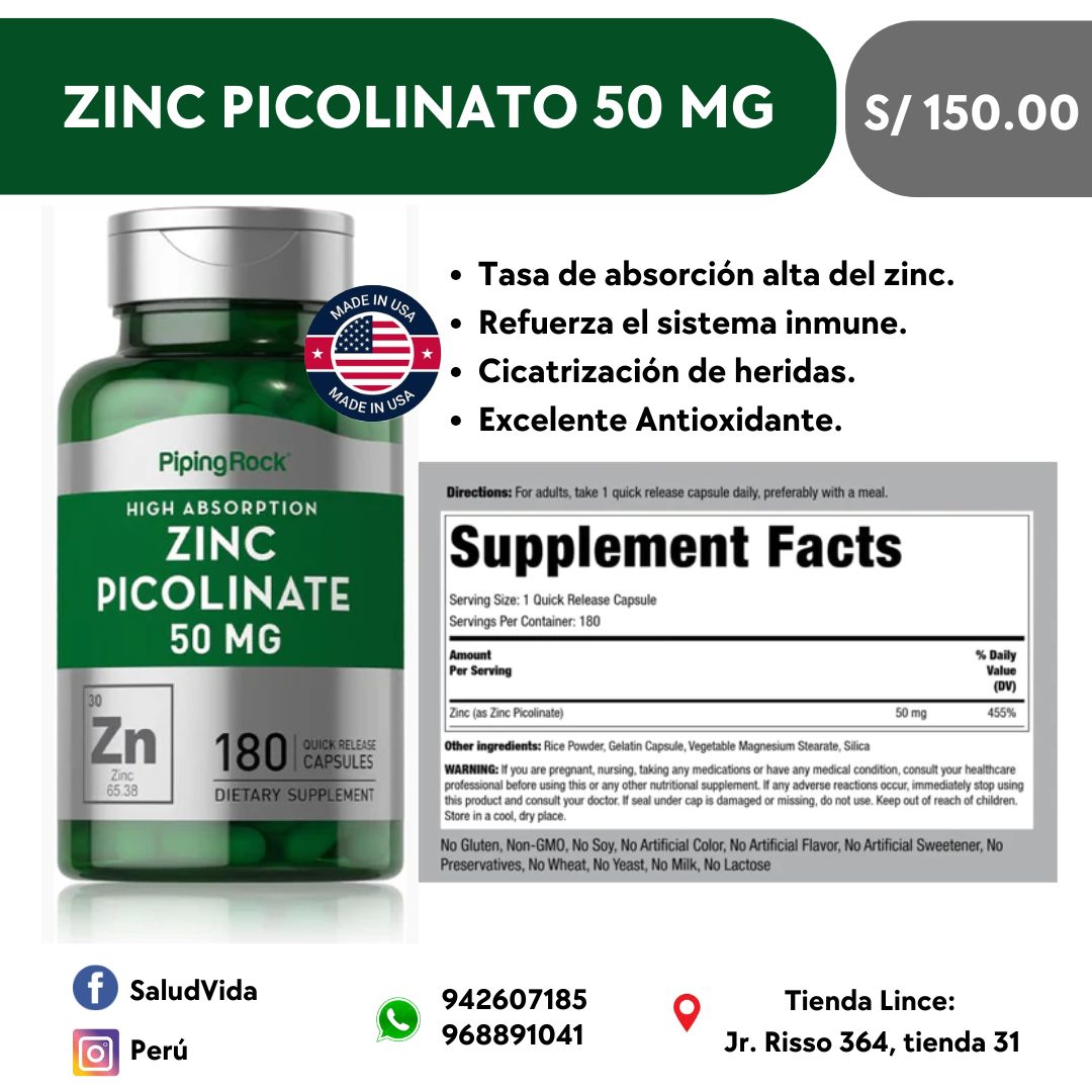 Zinc picolinato  100mg. p/s  50mg. p/cápsula 180 cápsulas - Salud Vida Peru