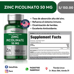 Zinc picolinato  100mg. p/s  50mg. p/cápsula 180 cápsulas - Salud Vida Peru