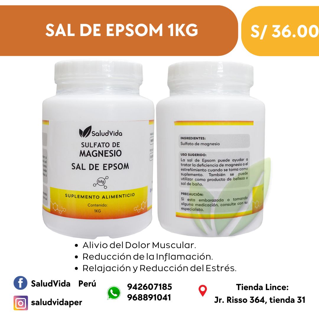 SAL DE EPSOM 1KG (GRADO ALIMENTICIO | Alivio muscular, Inflamación, Estrés, Sueño, Desintoxicación.