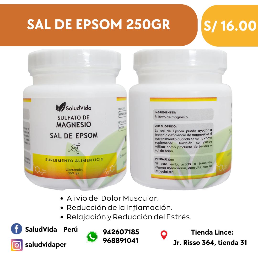SAL DE EPSOM 250G (GRADO ALIMENTICIO | Alivio muscular, Inflamación, Estrés, Sueño, Desintoxicación.