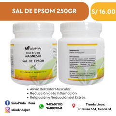 SAL DE EPSOM 250G (GRADO ALIMENTICIO | Alivio muscular, Inflamación, Estrés, Sueño, Desintoxicación.
