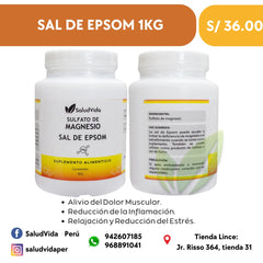 SAL DE EPSOM 1KG (GRADO ALIMENTICIO | Alivio muscular, Inflamación, Estrés, Sueño, Desintoxicación.