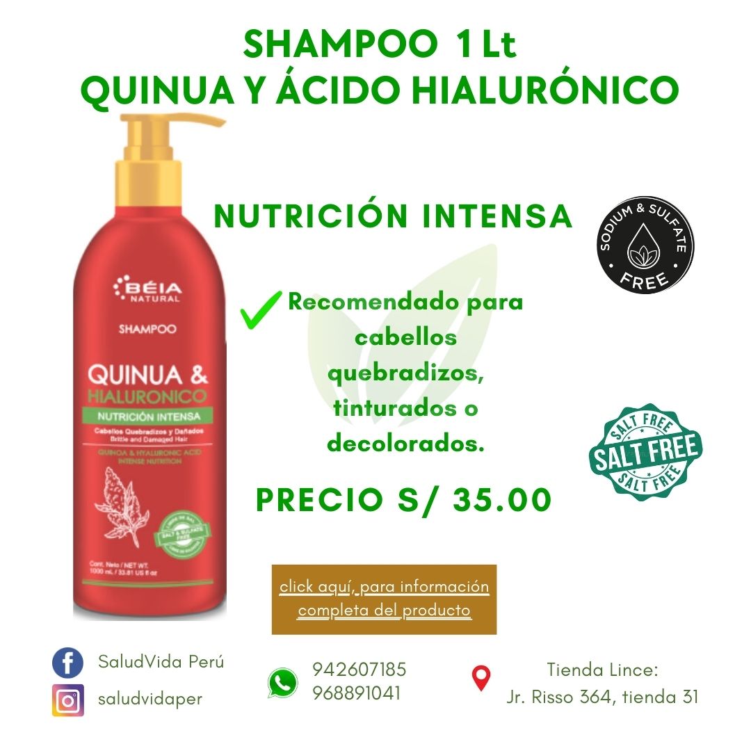 Shampoo quinua y ácido hialurónico sin sal ni sulfatos (cabellos quebradizos) | 1 L