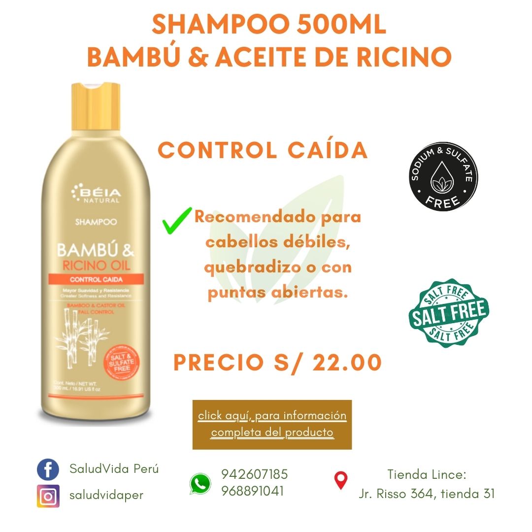 Shampoo de bambú y aceite de ricino (control caída, cabellos débiles, quebradizo o con puntas abiertas) 500 ml
