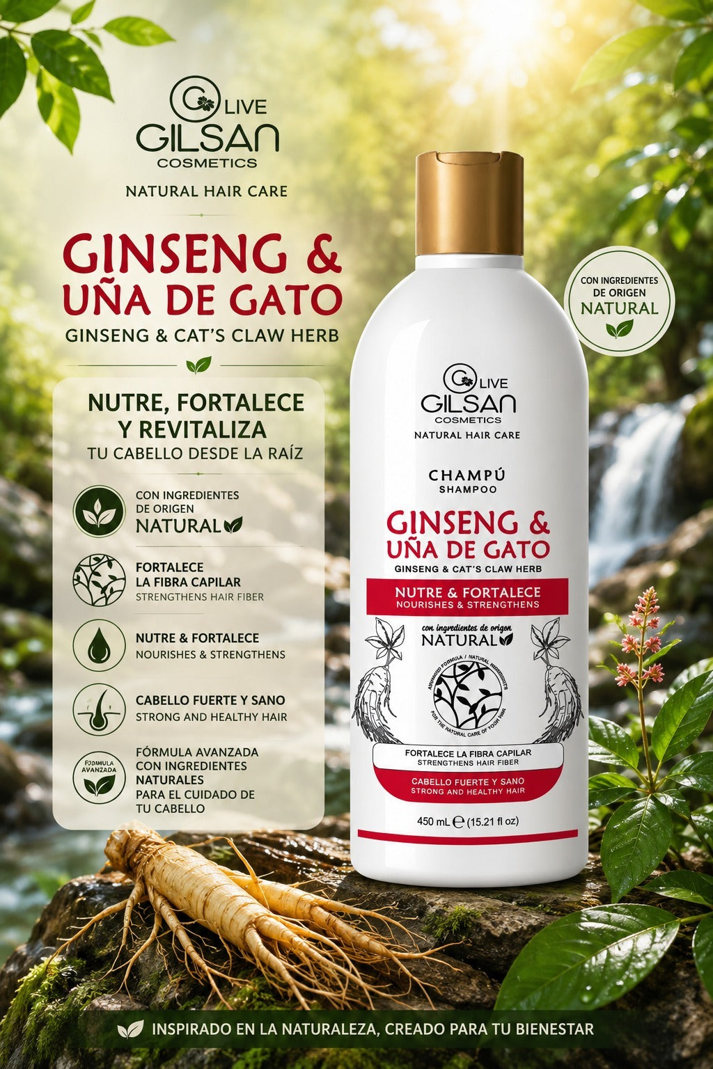 Shampoo de ginseng y uña de gato 450ml. - Fortalece y revitaliza