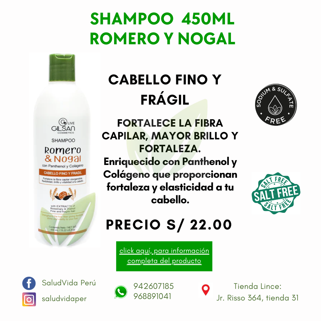 Shampoo romero y nogal con panthenol y colágeno (caída de cabello) | 450 ml