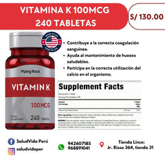 Vitamina K 100 mcg | 240 Tabletas|  Non-GMO, Libre de gluten