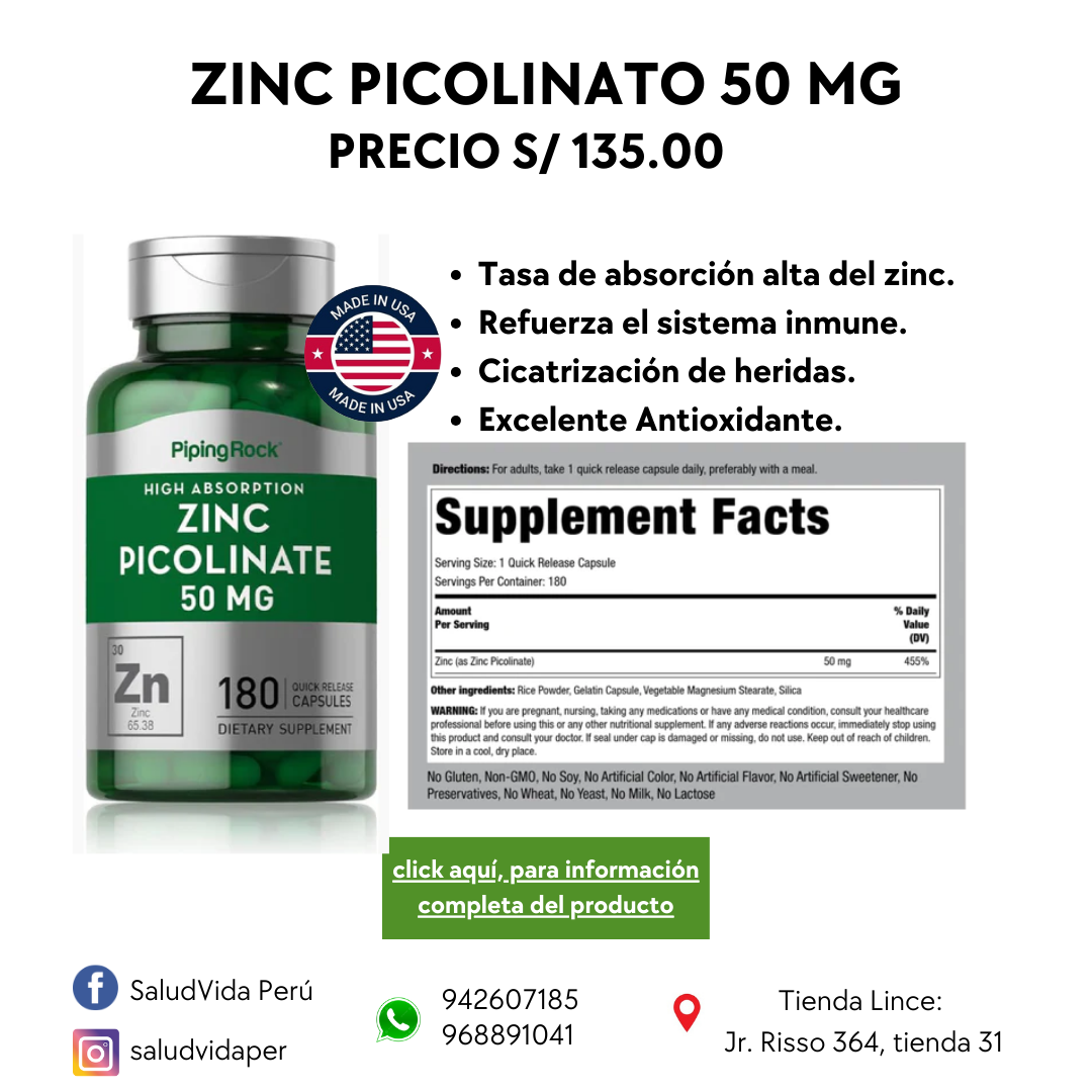 Zinc picolinato 50 mg | 180 cápsulas